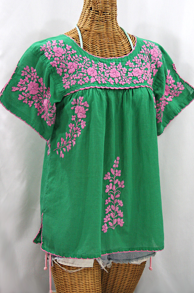 "La Lijera" Embroidered Peasant Blouse Mexican Style - Green + Pink