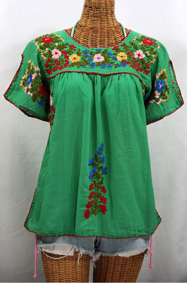 "La Lijera" Embroidered Mexican Peasant Top Blouse -Green