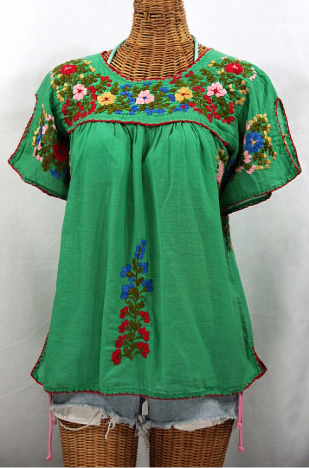 "La Lijera" Embroidered Mexican Peasant Top Blouse -Green
