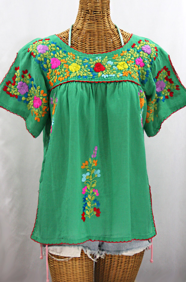 "La Lijera" Embroidered Peasant Blouse Mexican Style - Green + Spring Multi