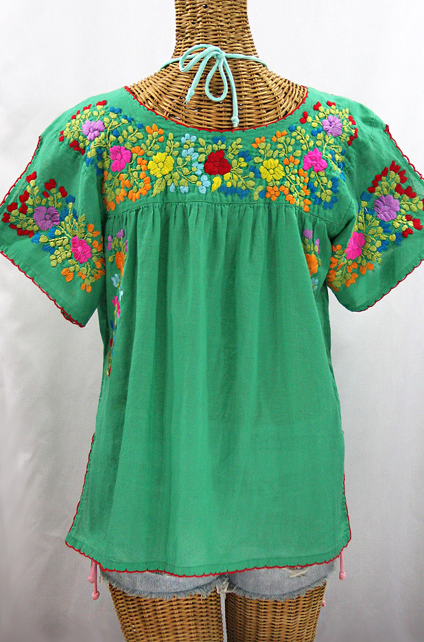 "La Lijera" Embroidered Peasant Blouse Mexican Style - Green + Spring Multi