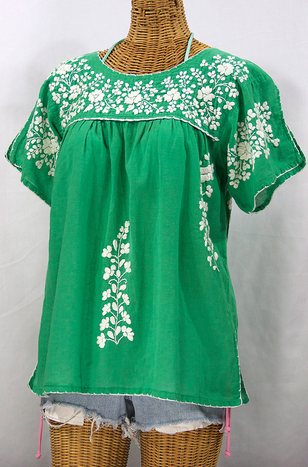 "La Lijera" Embroidered Peasant Blouse Mexican Style -Green + White