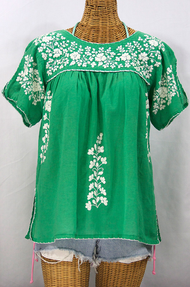 "La Lijera" Embroidered Peasant Blouse Mexican Style -Green + White