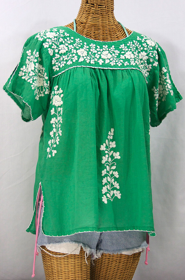 "La Lijera" Embroidered Peasant Blouse Mexican Style -Green + White