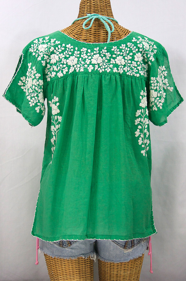 "La Lijera" Embroidered Peasant Blouse Mexican Style -Green + White