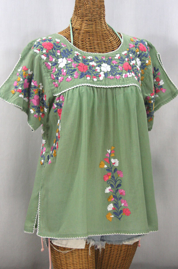 "La Lijera" Embroidered Peasant Blouse Mexican Style - Sage Green + Multi