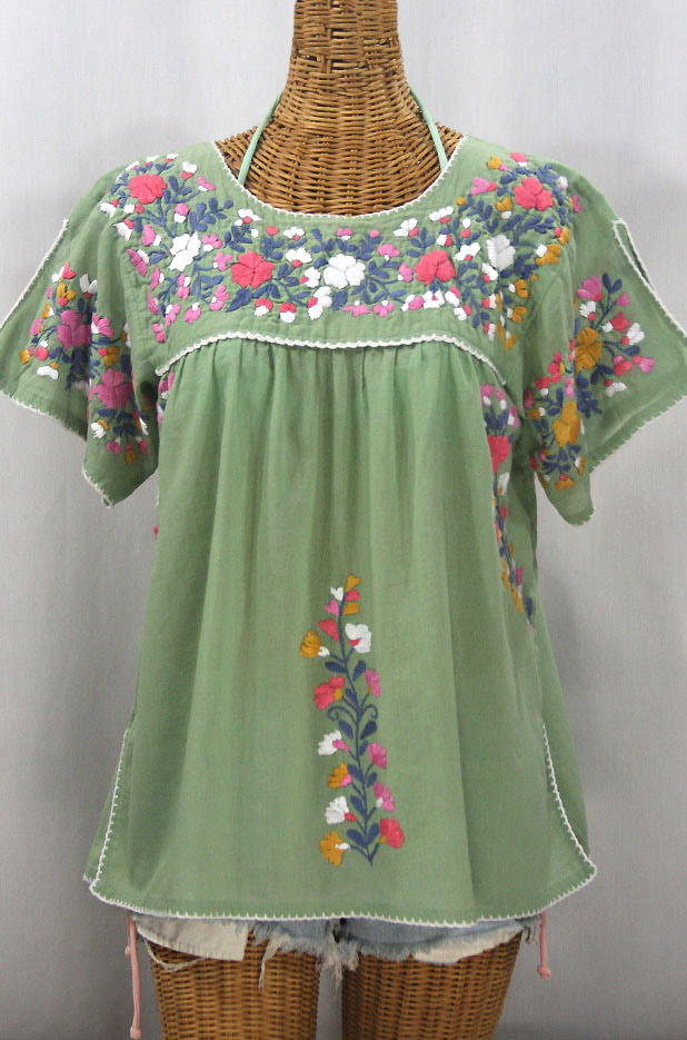 "La Lijera" Embroidered Peasant Blouse Mexican Style - Sage Green + Multi