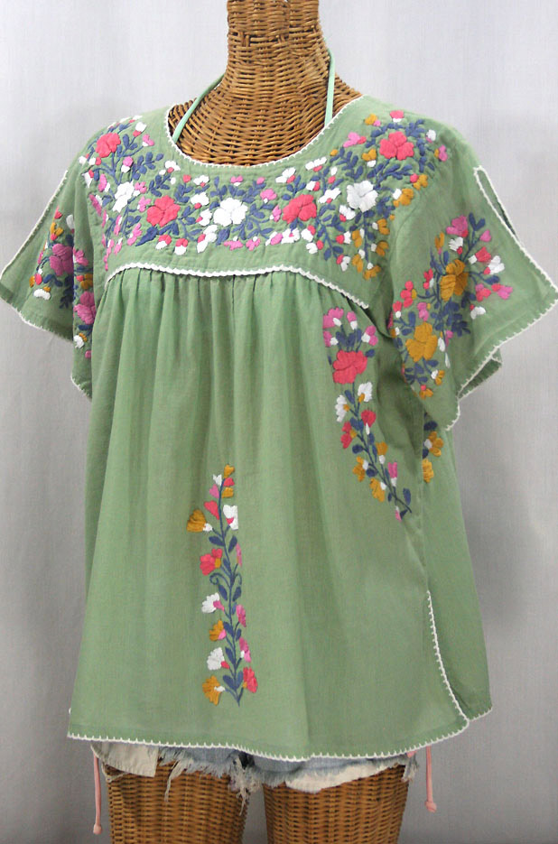 "La Lijera" Embroidered Peasant Blouse Mexican Style - Sage Green + Multi