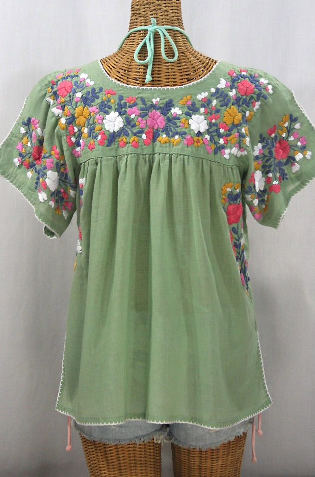 "La Lijera" Embroidered Peasant Blouse Mexican Style - Sage Green + Multi