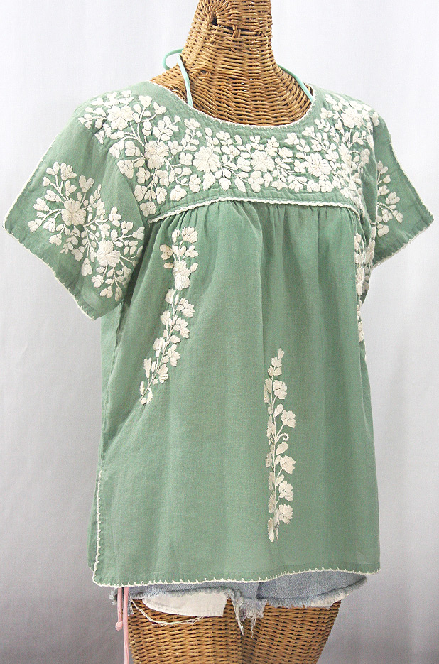 "La Lijera" Embroidered Peasant Blouse Mexican Style - Sage + Cream