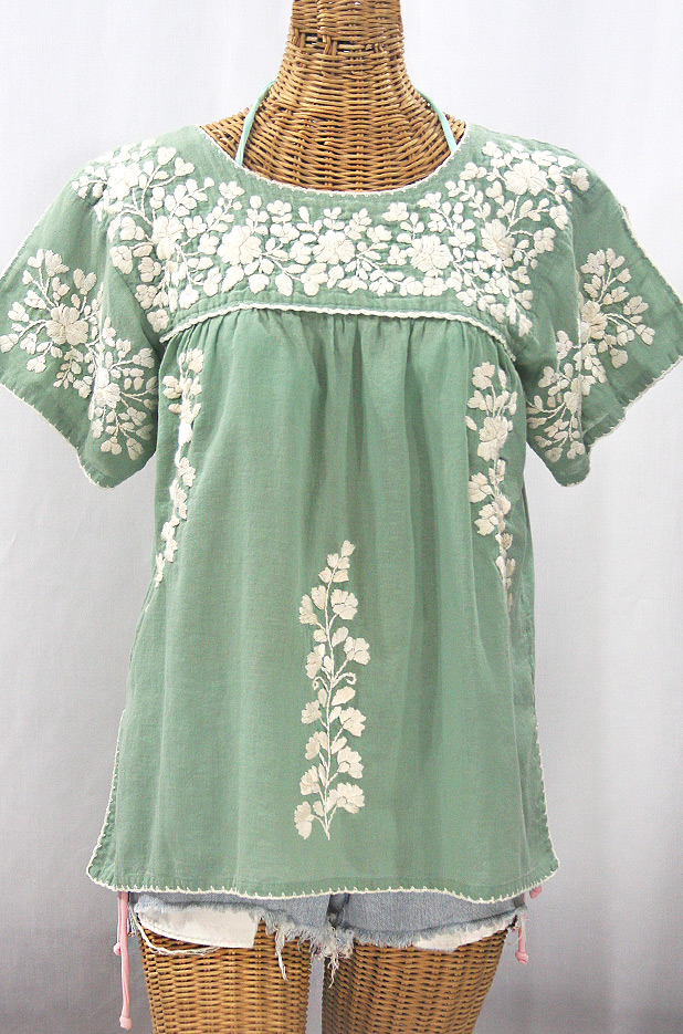 "La Lijera" Embroidered Peasant Blouse Mexican Style - Sage + Cream