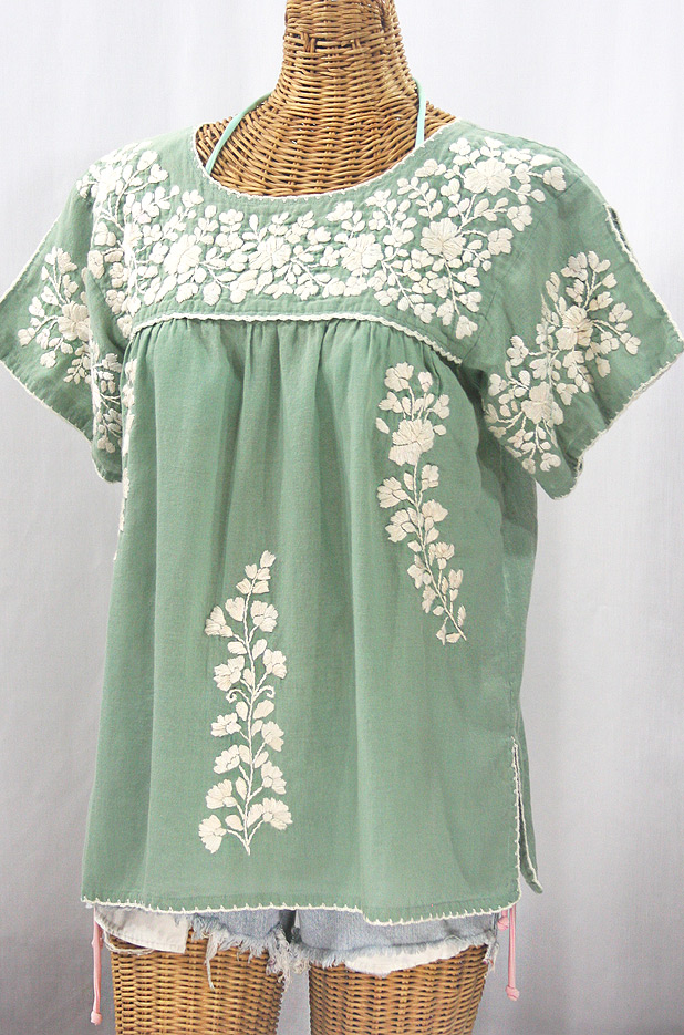 "La Lijera" Embroidered Peasant Blouse Mexican Style - Sage + Cream