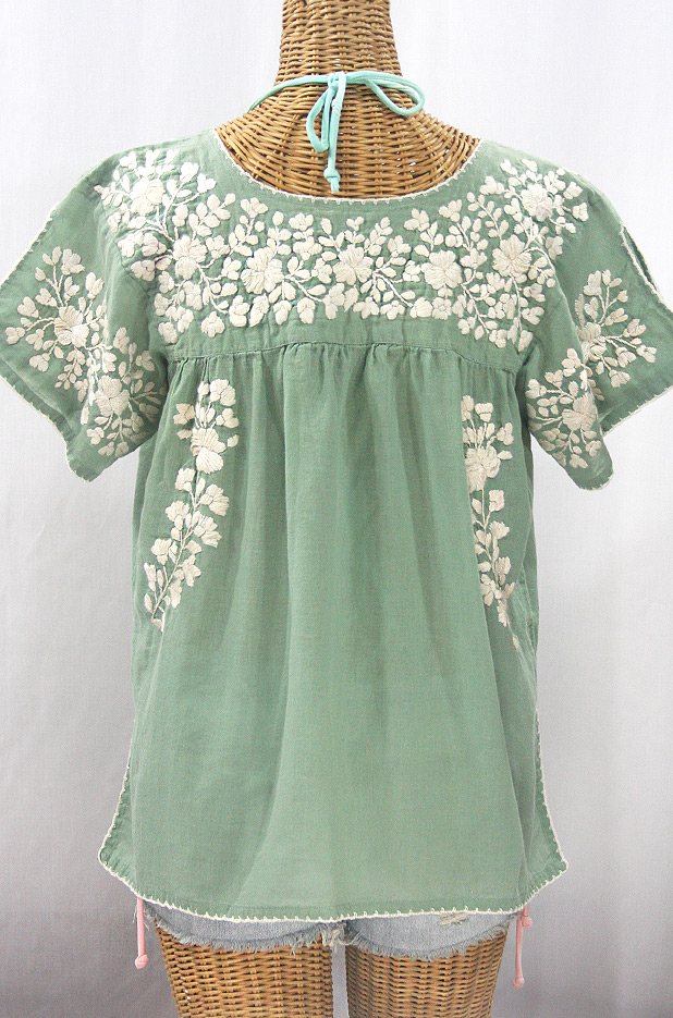 "La Lijera" Embroidered Peasant Blouse Mexican Style - Sage + Cream