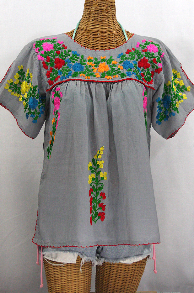 "La Lijera" Embroidered Peasant Blouse Mexican Style -Grey + Rainbow