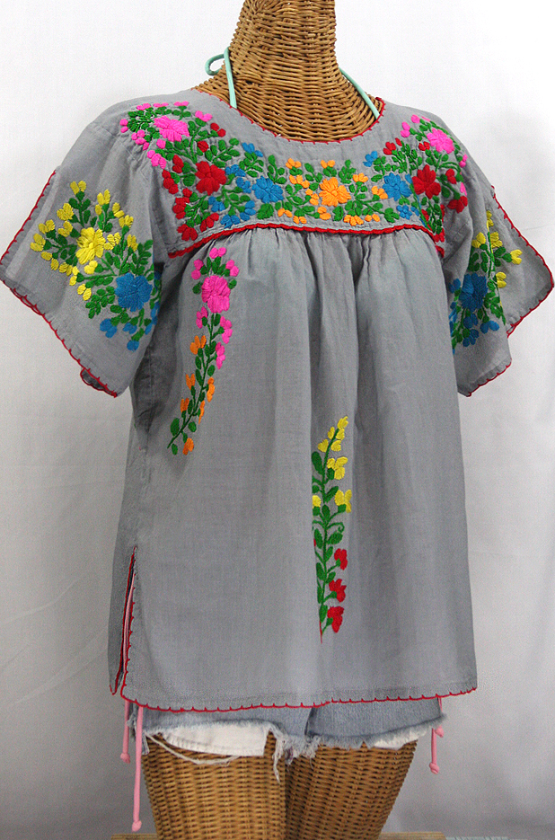 "La Lijera" Embroidered Peasant Blouse Mexican Style -Grey + Rainbow
