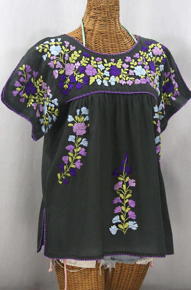 "La Lijera" Embroidered Peasant Blouse Mexican Style - Charcoal + Purple Multi