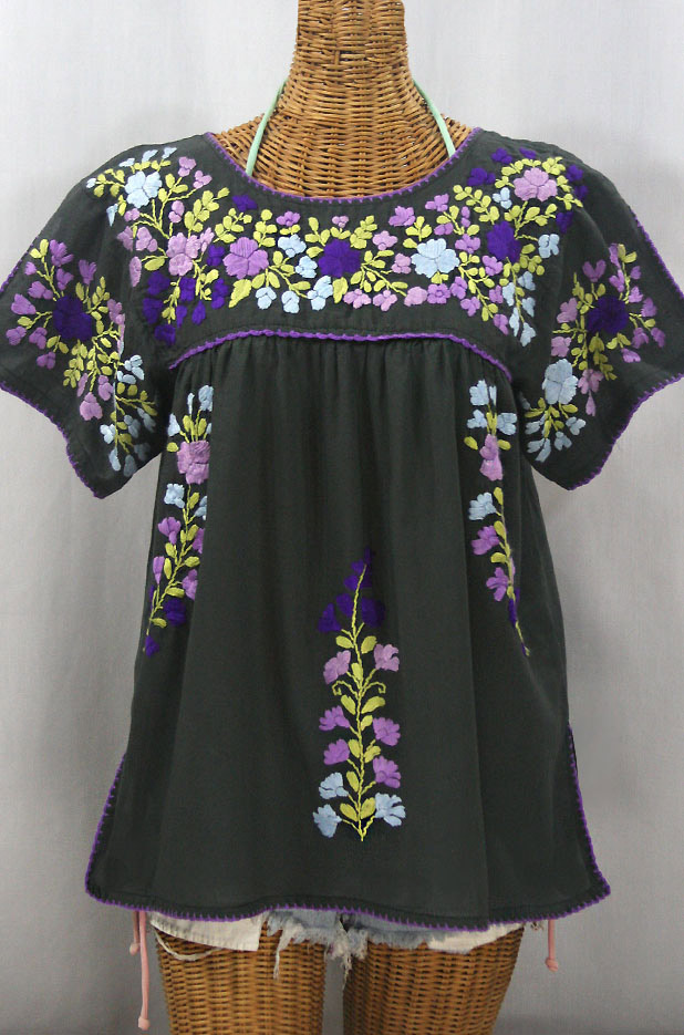 "La Lijera" Embroidered Peasant Blouse Mexican Style - Charcoal + Purple Multi