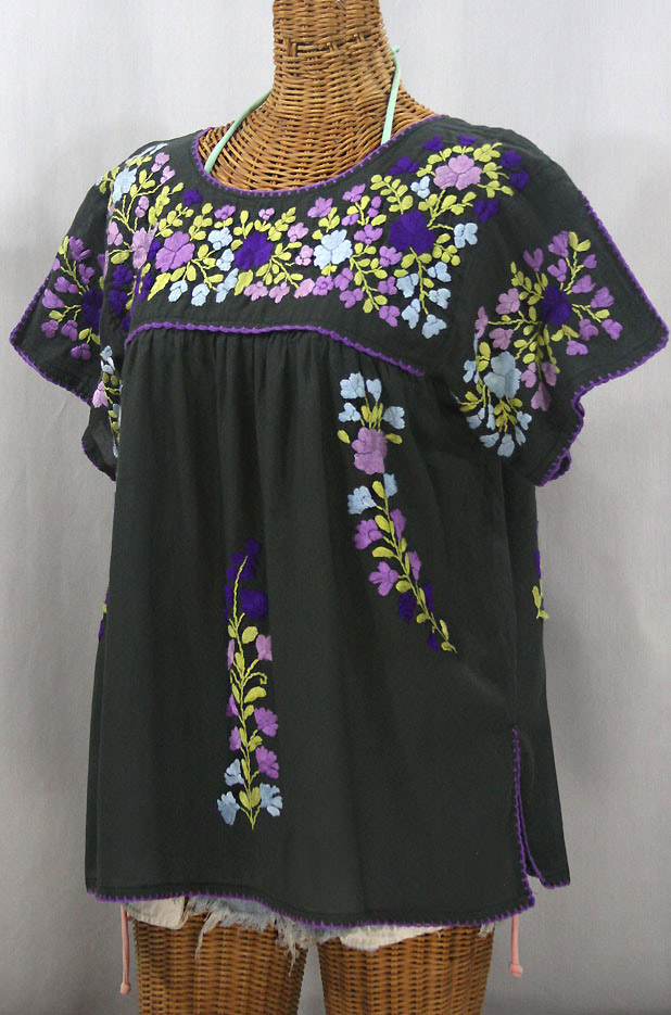 "La Lijera" Embroidered Peasant Blouse Mexican Style - Charcoal + Purple Multi