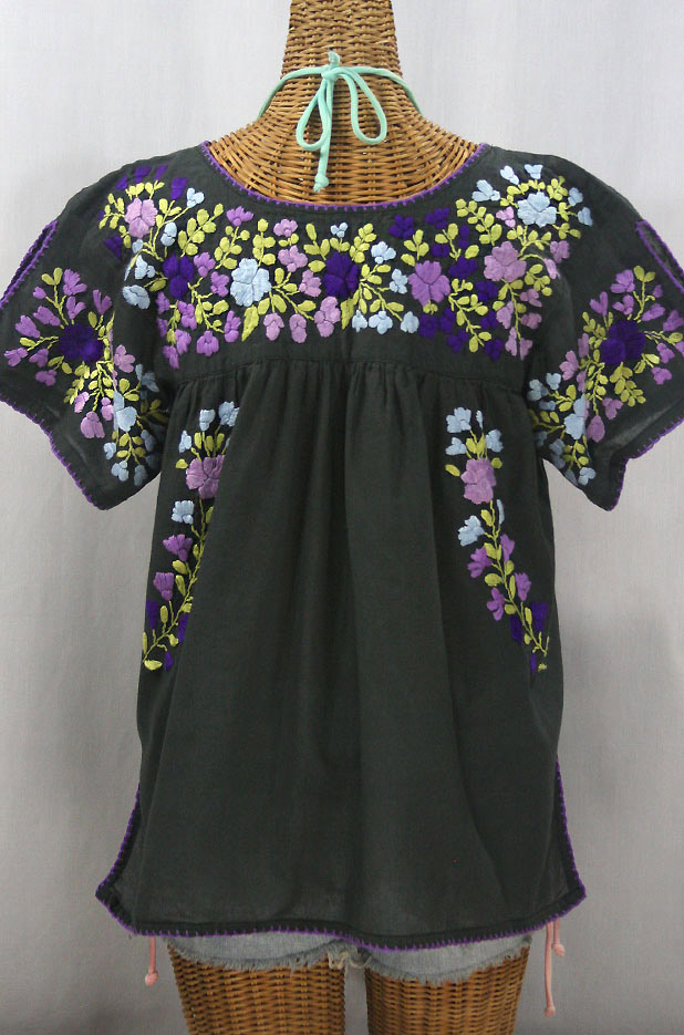 "La Lijera" Embroidered Peasant Blouse Mexican Style - Charcoal + Purple Multi