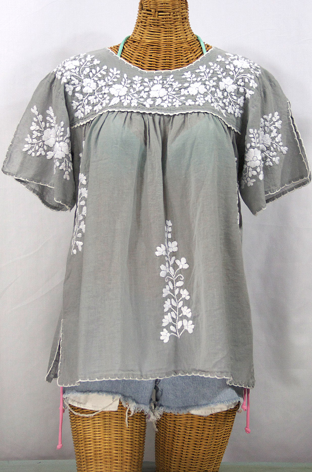 "La Lijera" Embroidered Peasant Blouse Mexican Style -Grey + White