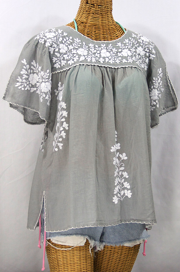 "La Lijera" Embroidered Peasant Blouse Mexican Style -Grey + White