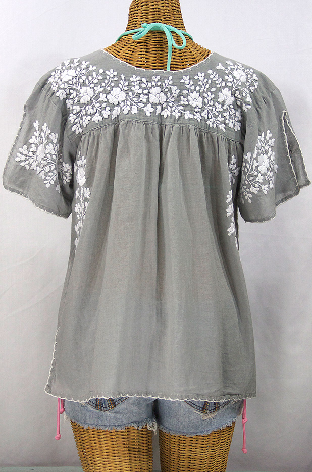 "La Lijera" Embroidered Peasant Blouse Mexican Style -Grey + White