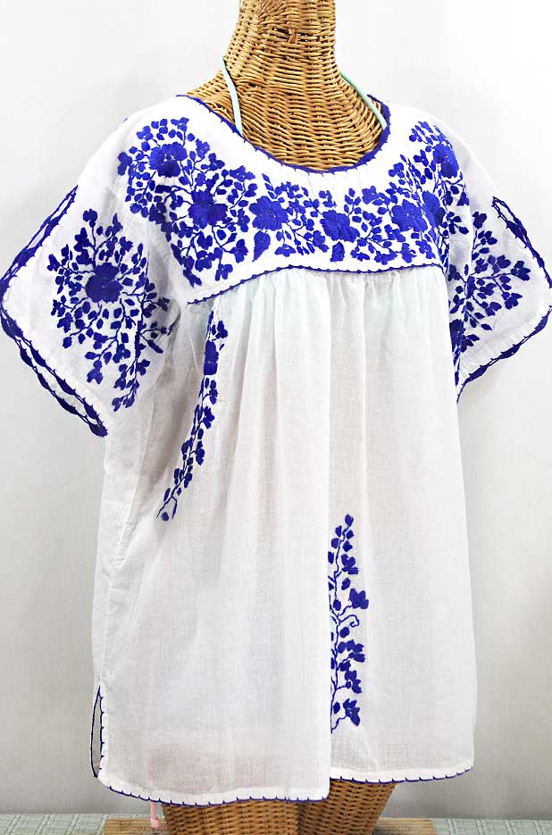 "Lijera Libre" Plus Size Embroidered Mexican Blouse - White + Blue