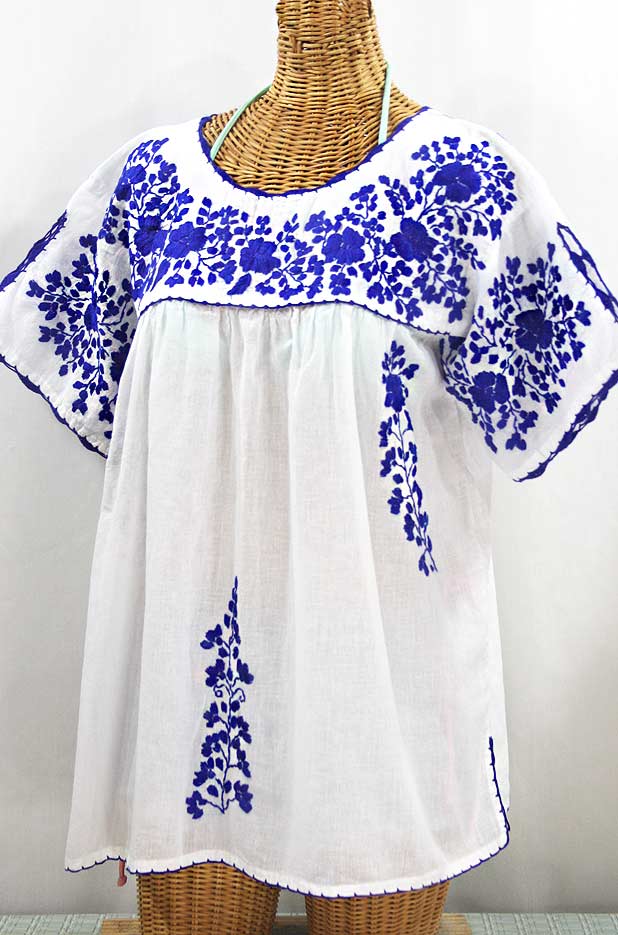 "Lijera Libre" Plus Size Embroidered Mexican Blouse - White + Blue