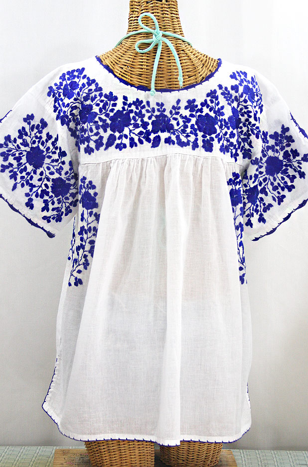 "Lijera Libre" Plus Size Embroidered Mexican Blouse - White + Blue