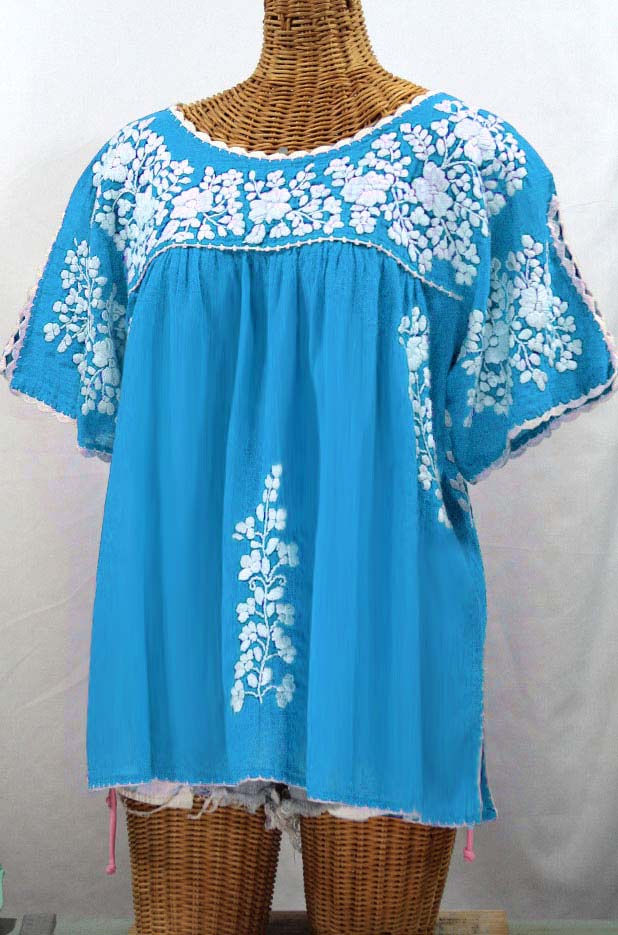 "Lijera Libre" Plus Size Embroidered Mexican Blouse - Aqua + White