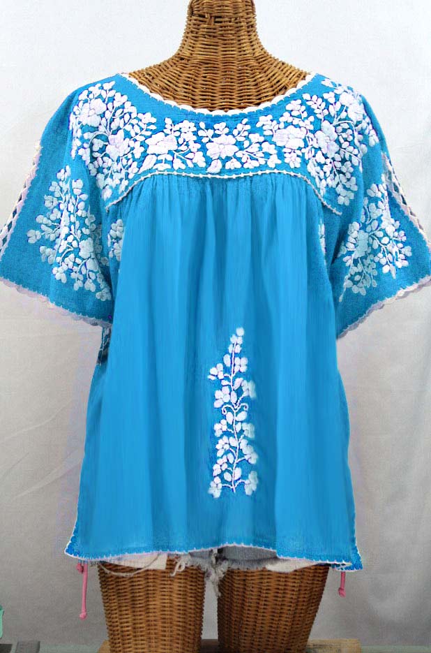 "Lijera Libre" Plus Size Embroidered Mexican Blouse - Aqua + White