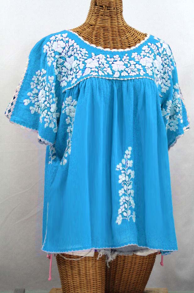 "Lijera Libre" Plus Size Embroidered Mexican Blouse - Aqua + White