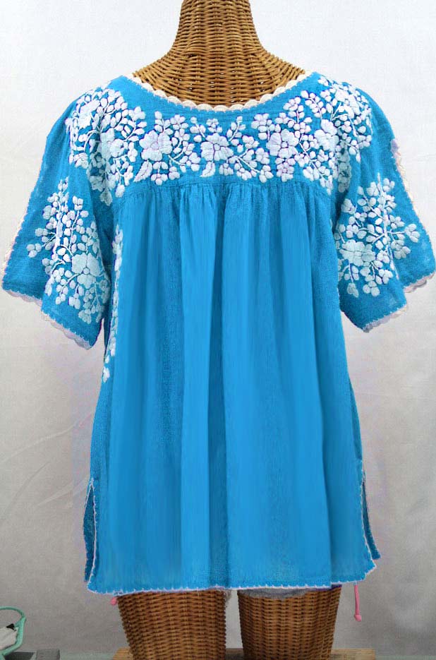 "Lijera Libre" Plus Size Embroidered Mexican Blouse - Aqua + White