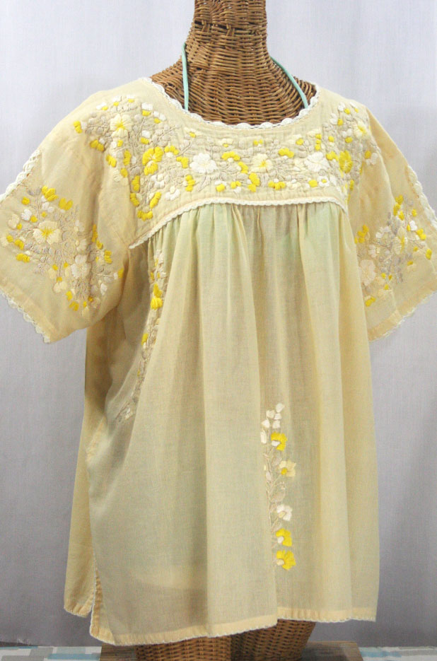 "Lijera Libre" Plus Size Embroidered Mexican Blouse - Pale Yellow + Yellow Mix