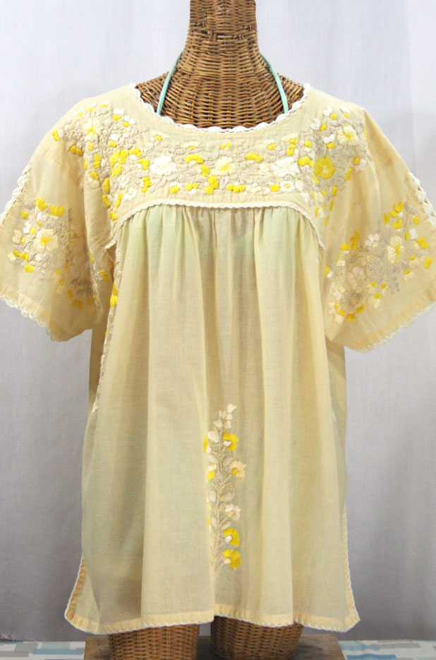 "Lijera Libre" Plus Size Embroidered Mexican Blouse - Pale Yellow + Yellow Mix