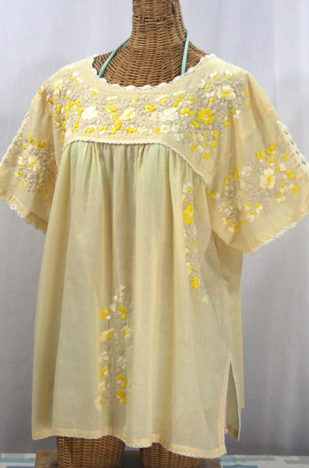 "Lijera Libre" Plus Size Embroidered Mexican Blouse - Pale Yellow + Yellow Mix