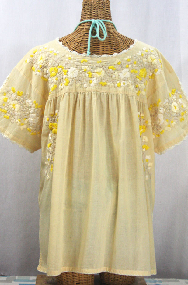 "Lijera Libre" Plus Size Embroidered Mexican Blouse - Pale Yellow + Yellow Mix