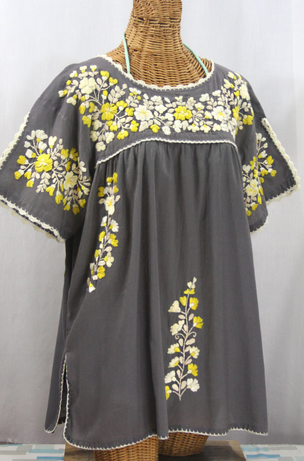 "Lijera Libre" Plus Size Embroidered Mexican Blouse - Medium Grey + Yellow Mix