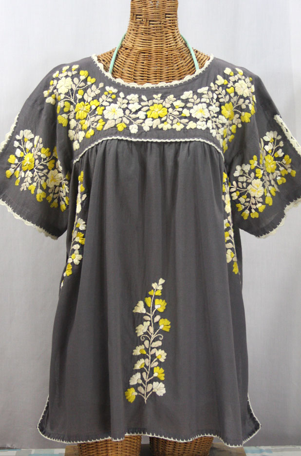 "Lijera Libre" Plus Size Embroidered Mexican Blouse - Medium Grey + Yellow Mix
