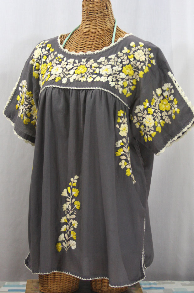 "Lijera Libre" Plus Size Embroidered Mexican Blouse - Medium Grey + Yellow Mix