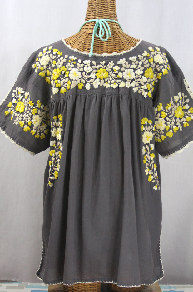 "Lijera Libre" Plus Size Embroidered Mexican Blouse - Medium Grey + Yellow Mix