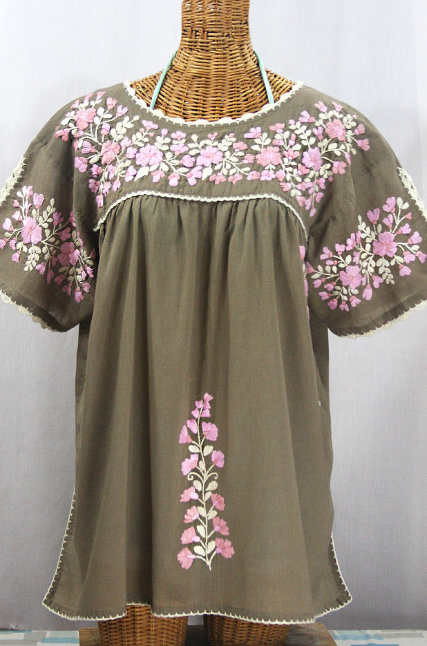 "Lijera Libre" Plus Size Embroidered Mexican Blouse - Khaki + Pink Multi