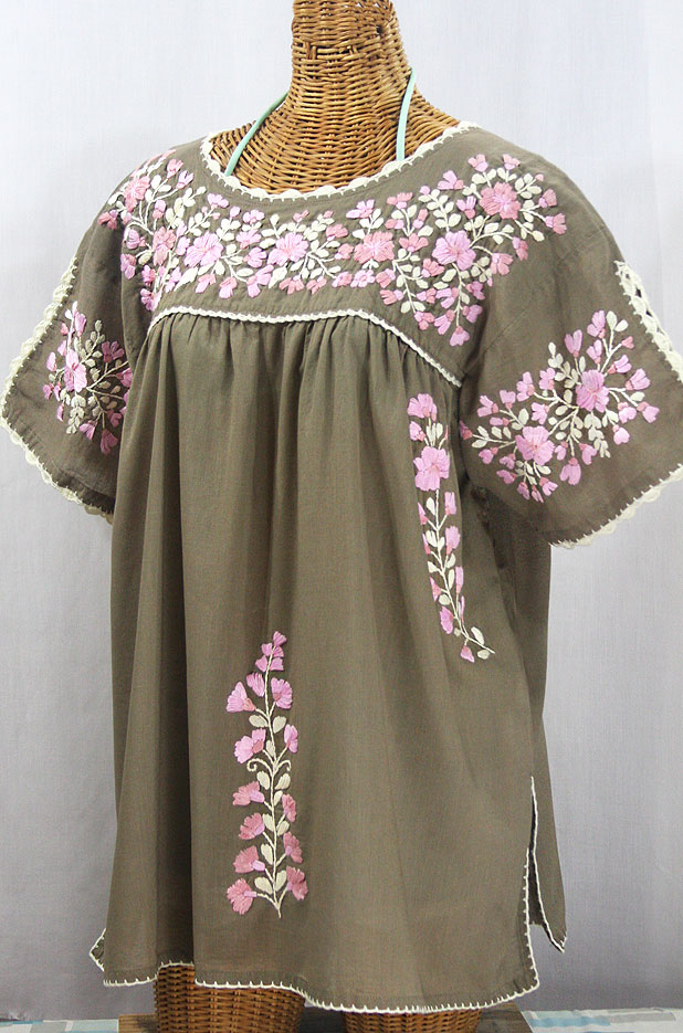 "Lijera Libre" Plus Size Embroidered Mexican Blouse - Khaki + Pink Multi