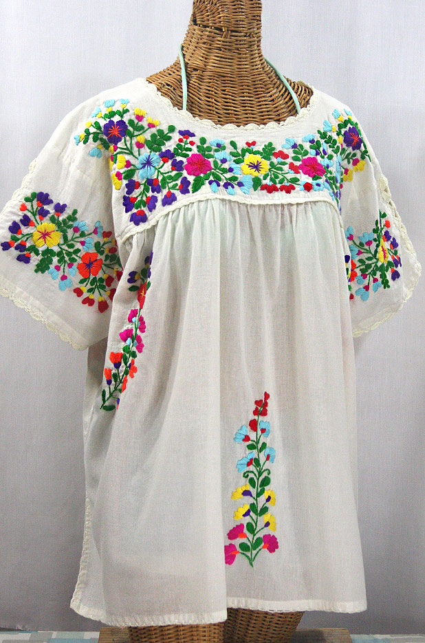 "Lijera Libre" Plus Size Embroidered Mexican Blouse - Off White + Rainbow Multi