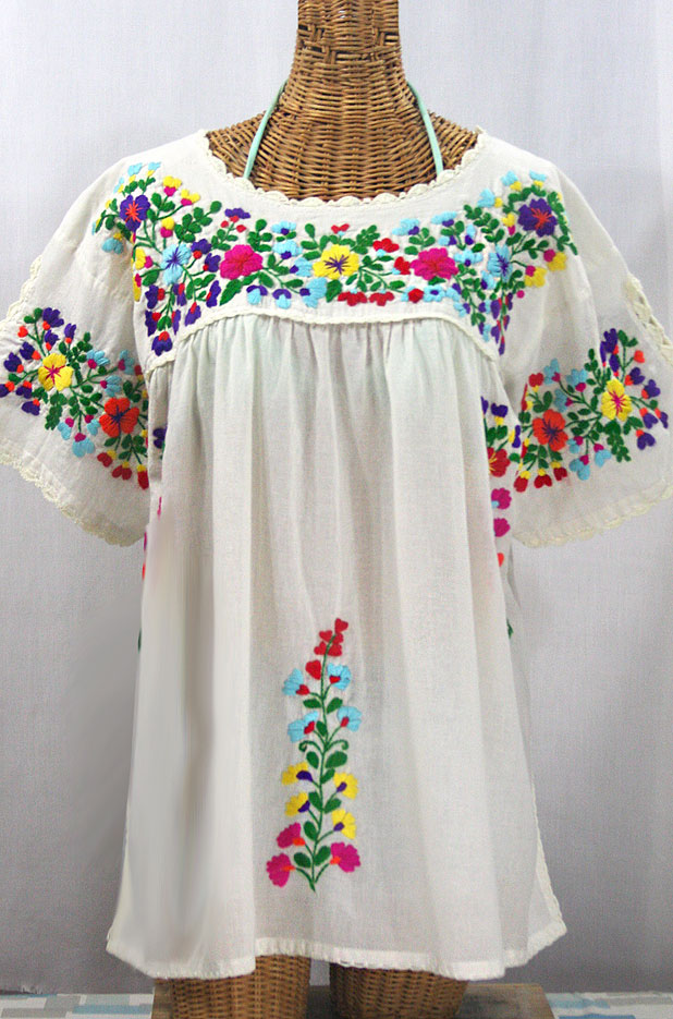 "Lijera Libre" Plus Size Embroidered Mexican Blouse - Off White + Rainbow Multi
