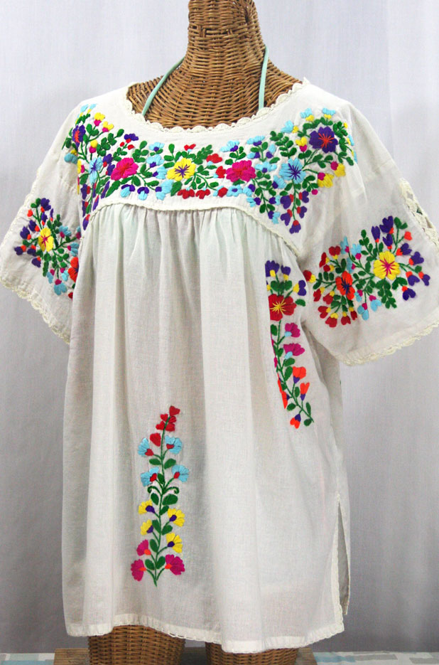 "Lijera Libre" Plus Size Embroidered Mexican Blouse - Off White + Rainbow Multi