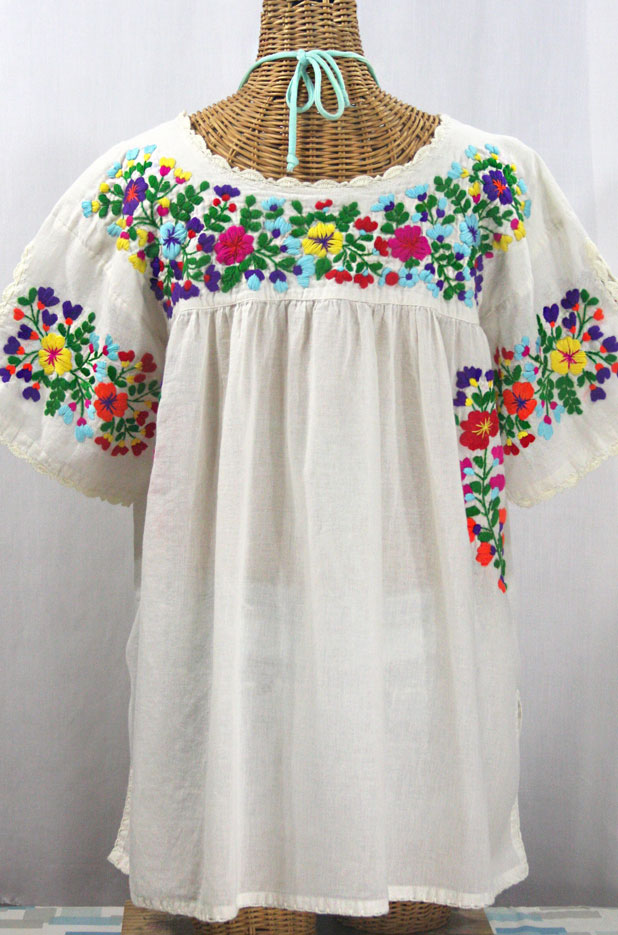 "Lijera Libre" Plus Size Embroidered Mexican Blouse - Off White + Rainbow Multi