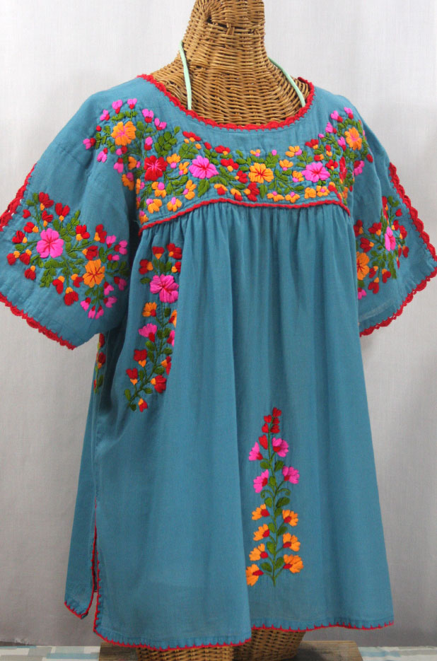 "Lijera Libre" Plus Size Embroidered Mexican Blouse - Pool + Bright Multi