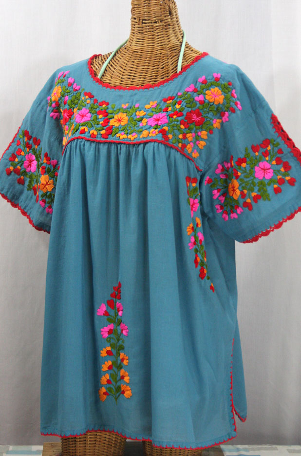 "Lijera Libre" Plus Size Embroidered Mexican Blouse - Pool + Bright Multi