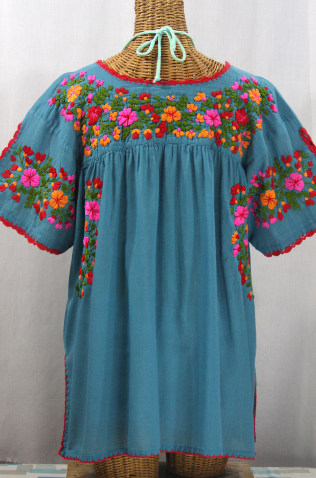 "Lijera Libre" Plus Size Embroidered Mexican Blouse - Pool + Bright Multi